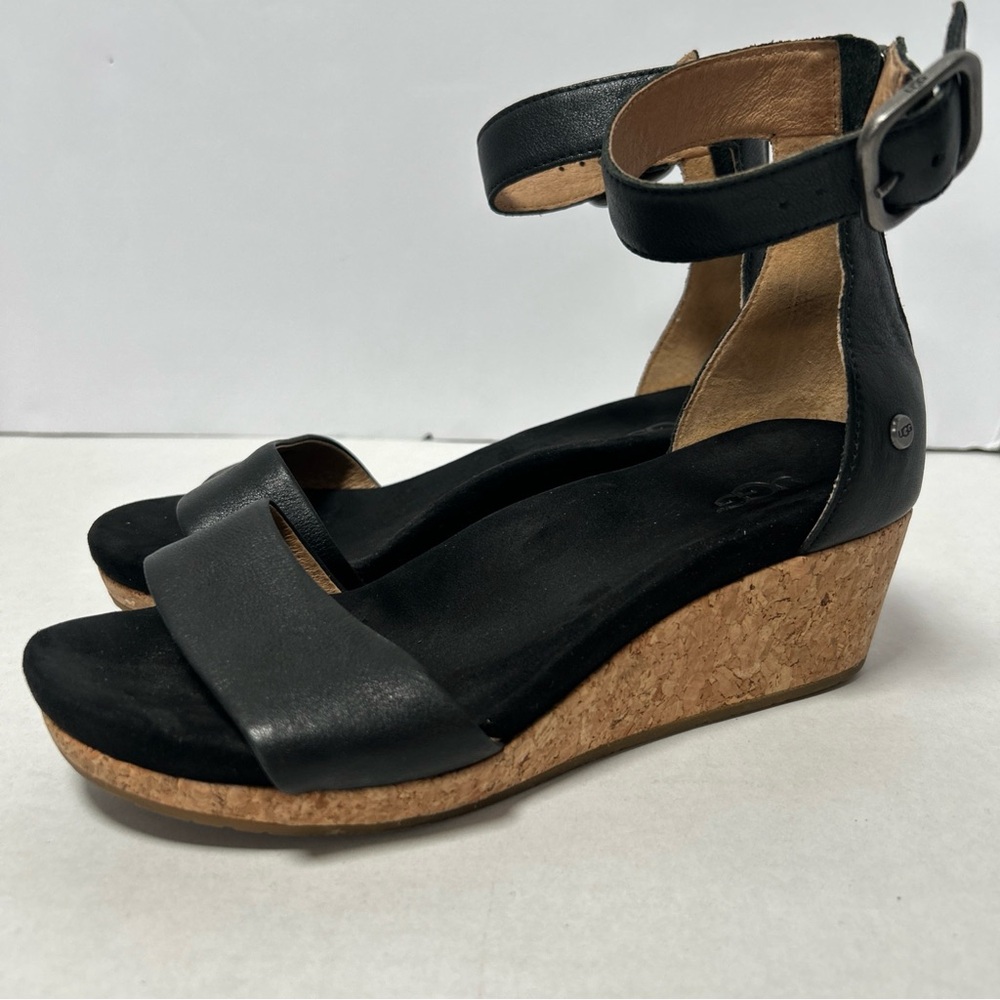 UGG Zoe II Leather Open Wedge Cork Sandal Ankle Strap 1102674 Black Size 6.5